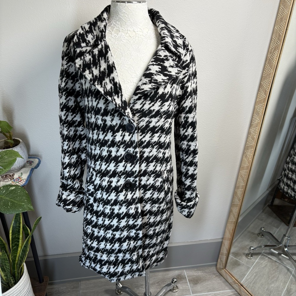 Katherine Barclay Women's Small ~ Black White Houndstooth Wool Blend Pea Coat